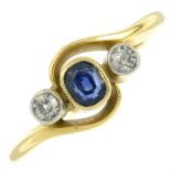 An early 20th century 18ct gold old-cut diamond and sapphire three-stone ring.