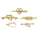 Five late 19th to early 20th century heart-shape and wishbone brooches. Some AF.