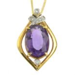 An amethyst and diamond pendant, suspended from an 18ct gold chain.
