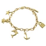 A 9ct gold charm bracelet, suspending six charms.