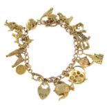 (56715) A 9ct gold charm bracelet with nineteen charms, with safety chain.