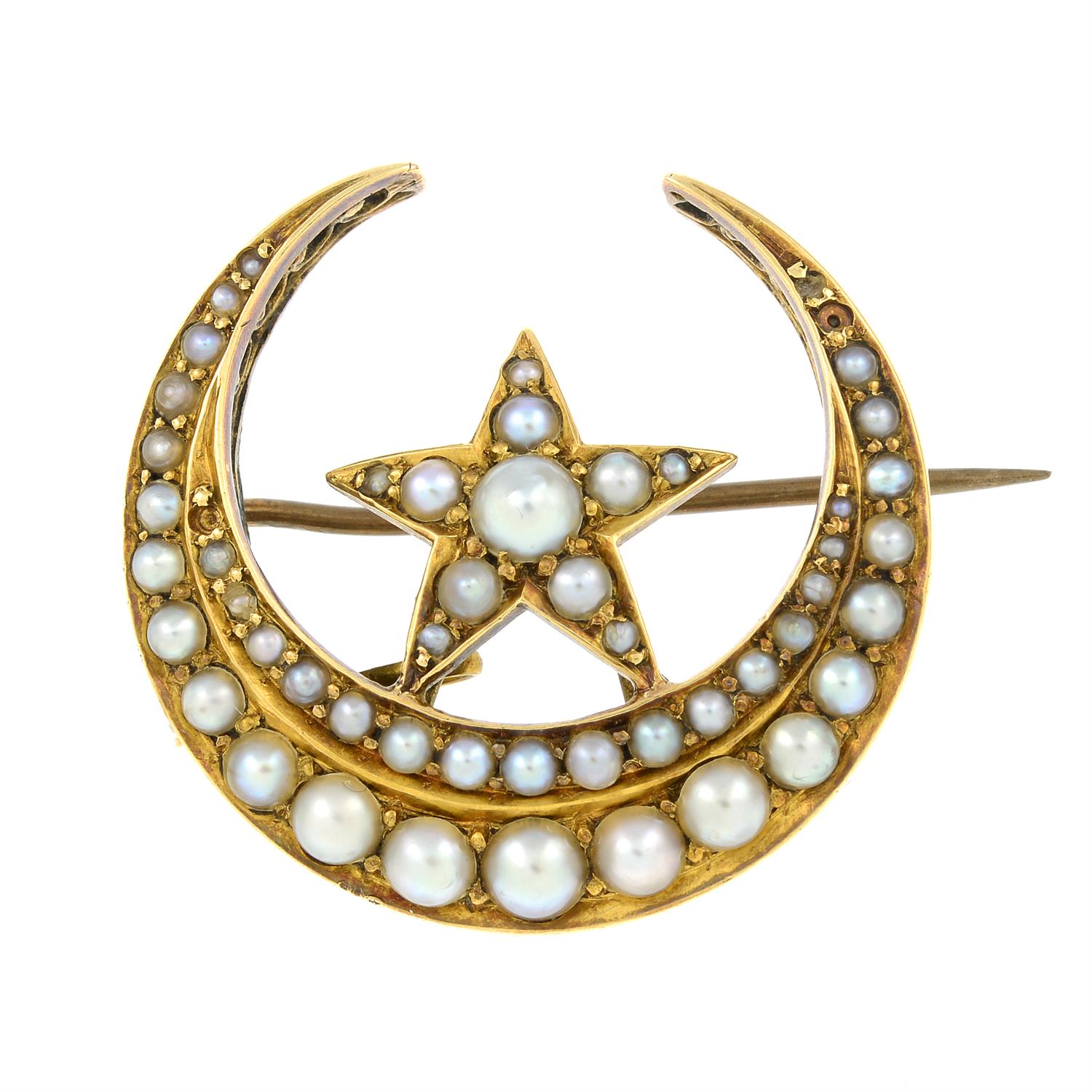 A late 19th century gold split pearl crescent and star brooch.