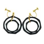 A pair of early 20th century 15ct gold black-gem double hoop earrings.