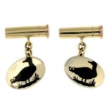 A pair of 9ct gold black enamel duck cufflinks, by Deakin & Francis.