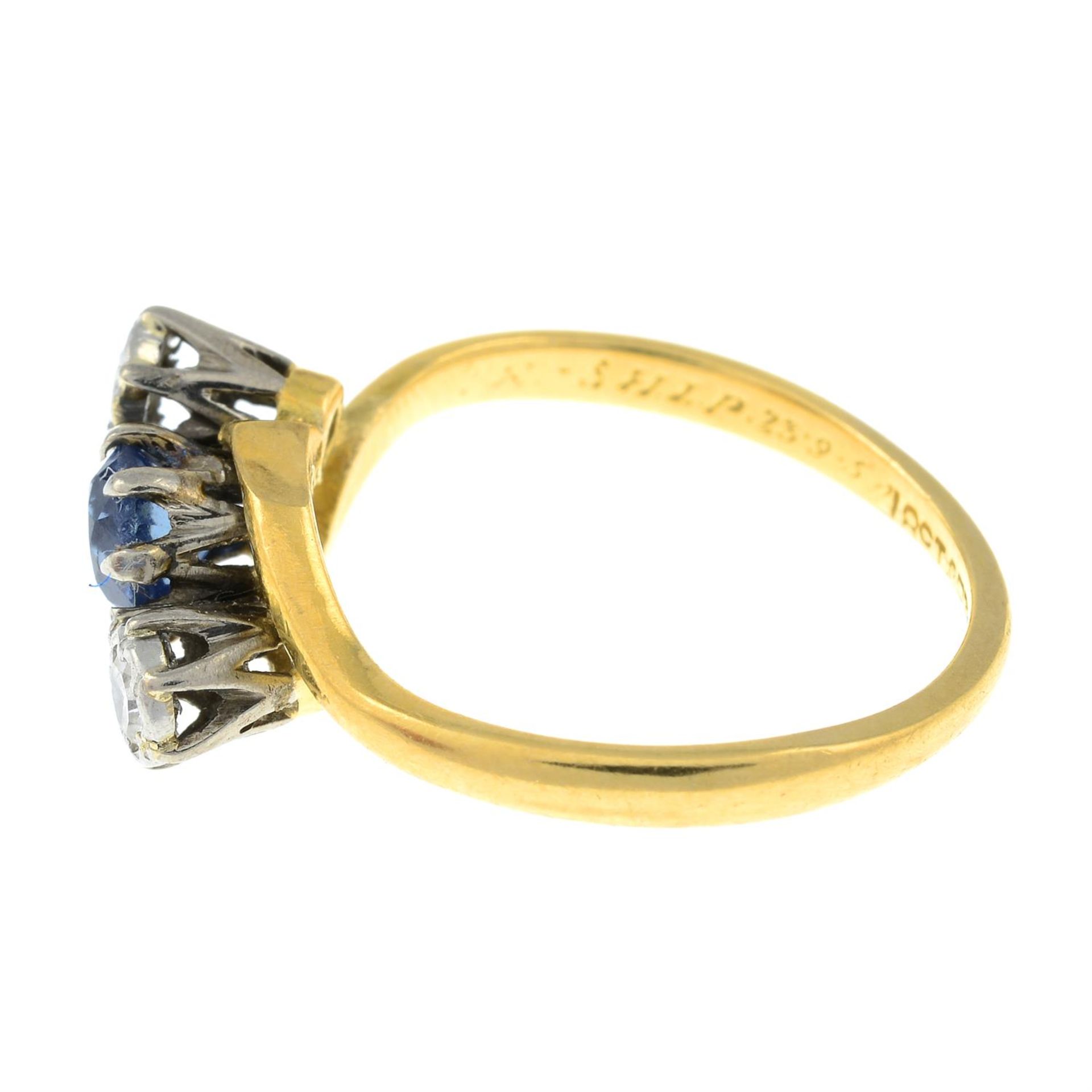 A mid 20th century 18ct gold and platinum, sapphire and diamond three-stone ring. - Image 2 of 3