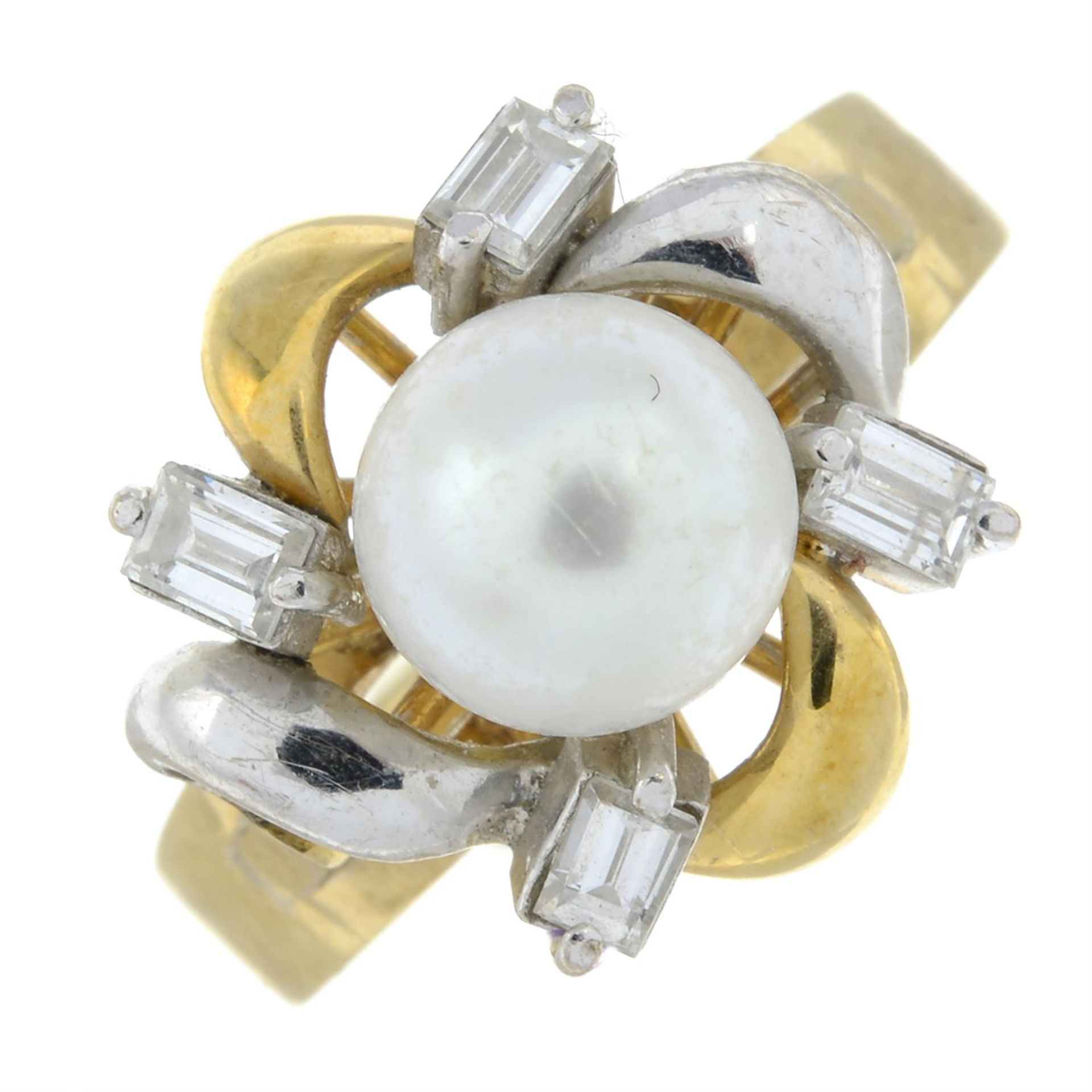 A baguette-cut diamond and cultured pearl dress ring.