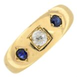 An early 29th century 18ct gold old-cut diamond and sapphire three-stone ring.