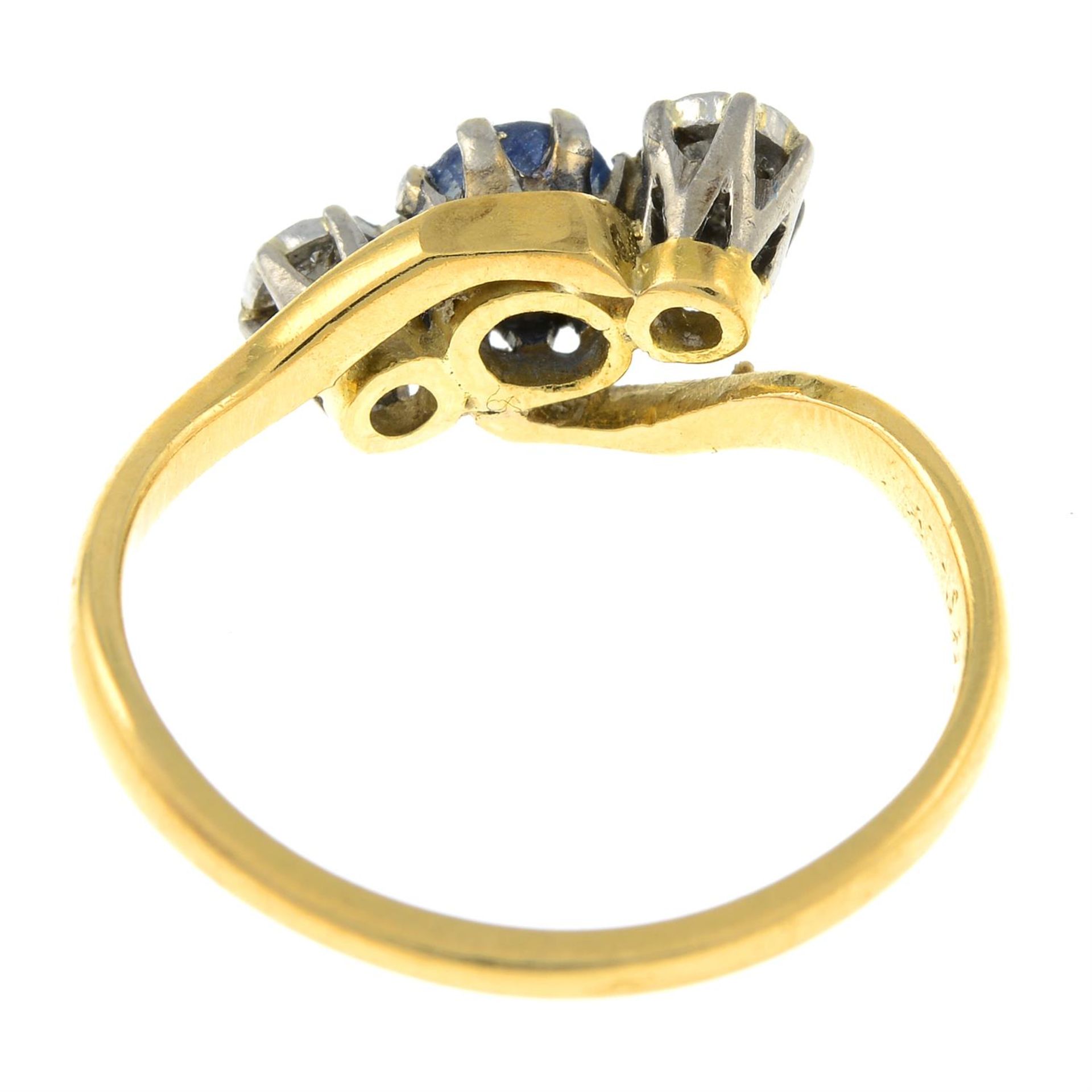 A mid 20th century 18ct gold and platinum, sapphire and diamond three-stone ring. - Image 3 of 3