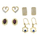 Four pairs of gem-set earrings.