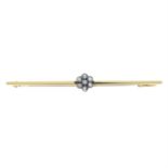 An early 20th century 15ct gold single-cut diamond cluster bar brooch.