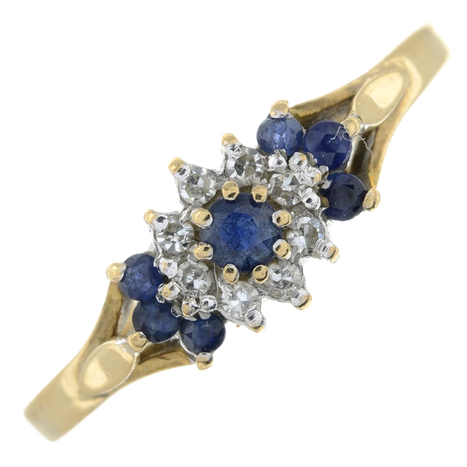 A 9ct gold sapphire and single-cut diamond cluster ring.
