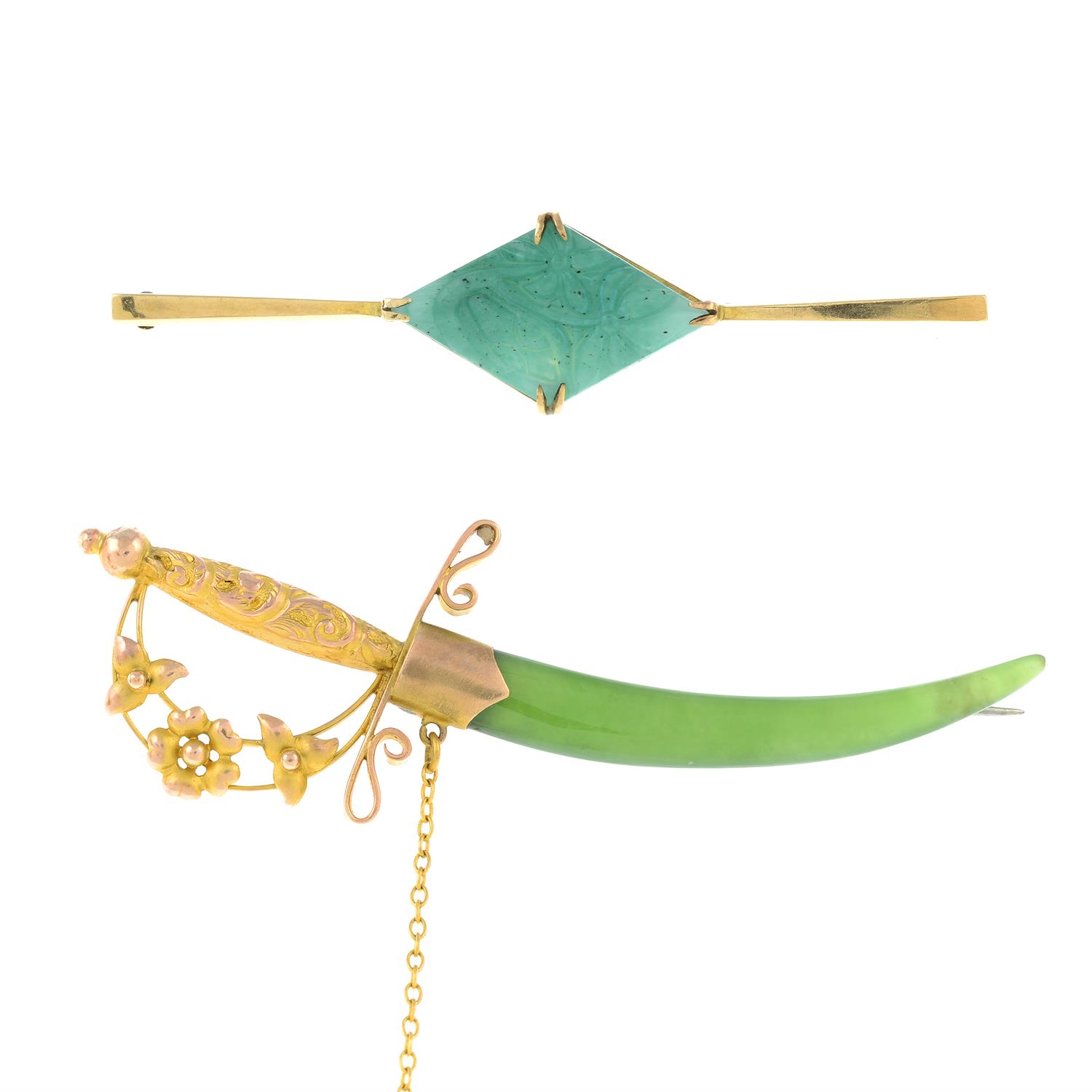 A late 19th century 9ct gold nephrite sword brooch, and an early 20th century gem-set brooch.