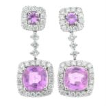 A pair of 18ct gold pink sapphire and diamond cluster earrings, with detachable drop sections.