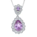 An 18ct gold pink sapphire and diamond pear-shape cluster pendant, with chain.