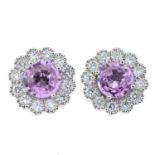 A pair of 18ct gold pink sapphire and diamond cluster earrings.