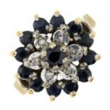 A 9ct gold sapphire and single-cut diamond cluster ring.