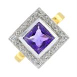 An amethyst and diamond square-shape cluster ring.