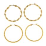 Two pairs of 9ct gold hoop earrings.