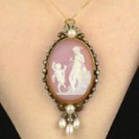 A late 19th century 18ct gold sardonyx cameo pendant, with rose-cut diamond, cultured pearl and