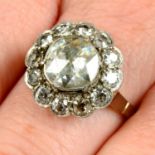 A rose and circular-cut diamond cluster ring.