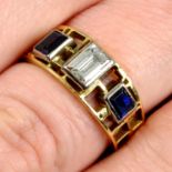 A mid 20th century 18ct gold rectangular-shape diamond and sapphire openwork ring, by John Donald.