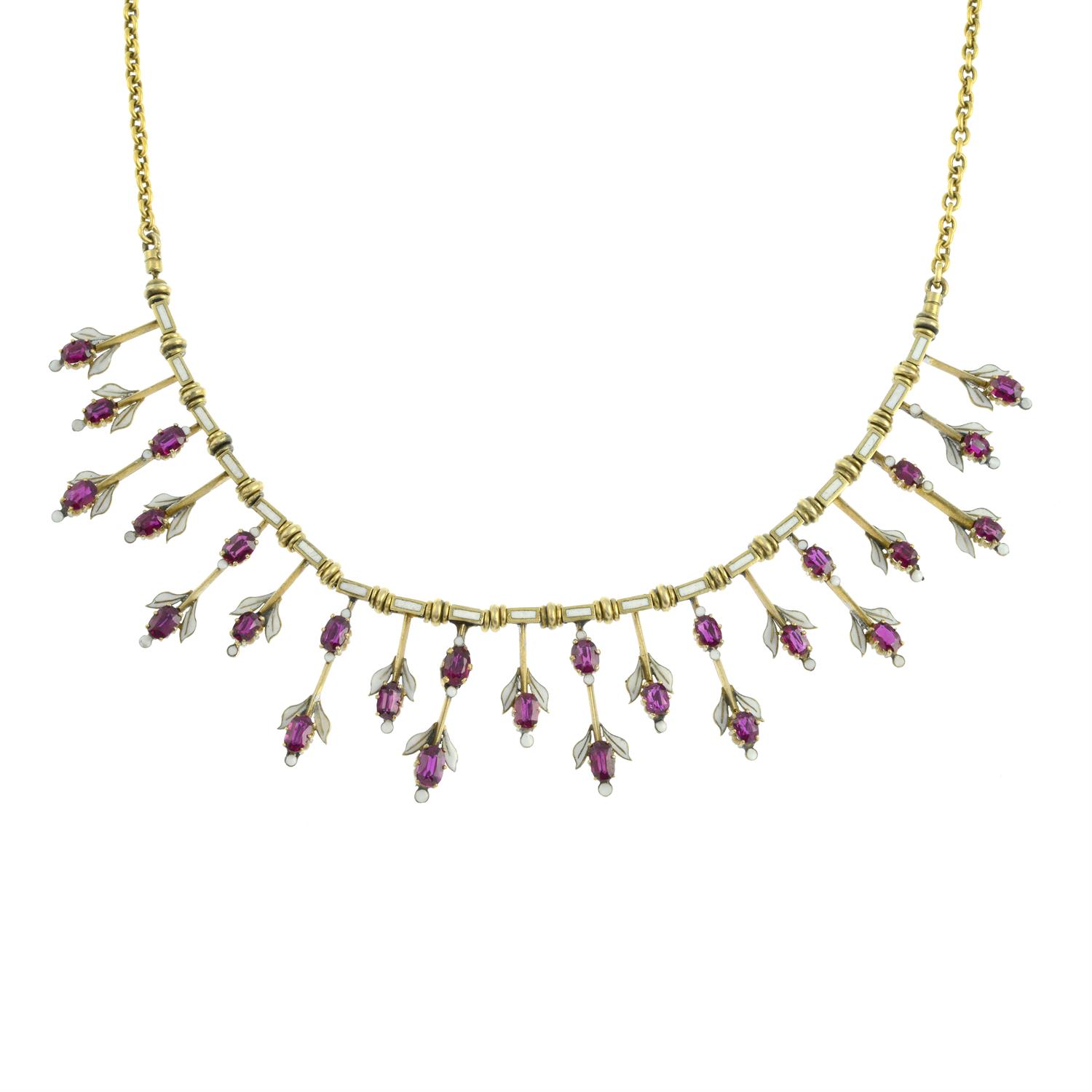 A late Victorian gold, ruby and white enamel fringe necklace. - Image 2 of 5