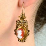 A pair of late 19th century gold sardonyx cameo and split pearl earrings.