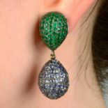 A pair of pavé-set sapphire, emerald and ruby earrings, by Viviane Debbas.