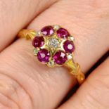 An early 20th century 18ct gold diamond and synthetic ruby cluster ring.