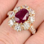 A Burmese ruby, marquise-shape and brilliant-cut diamond floral cluster ring.