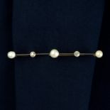 An early 20th century 15ct gold and platinum, pearl and old-cut diamond bar brooch.