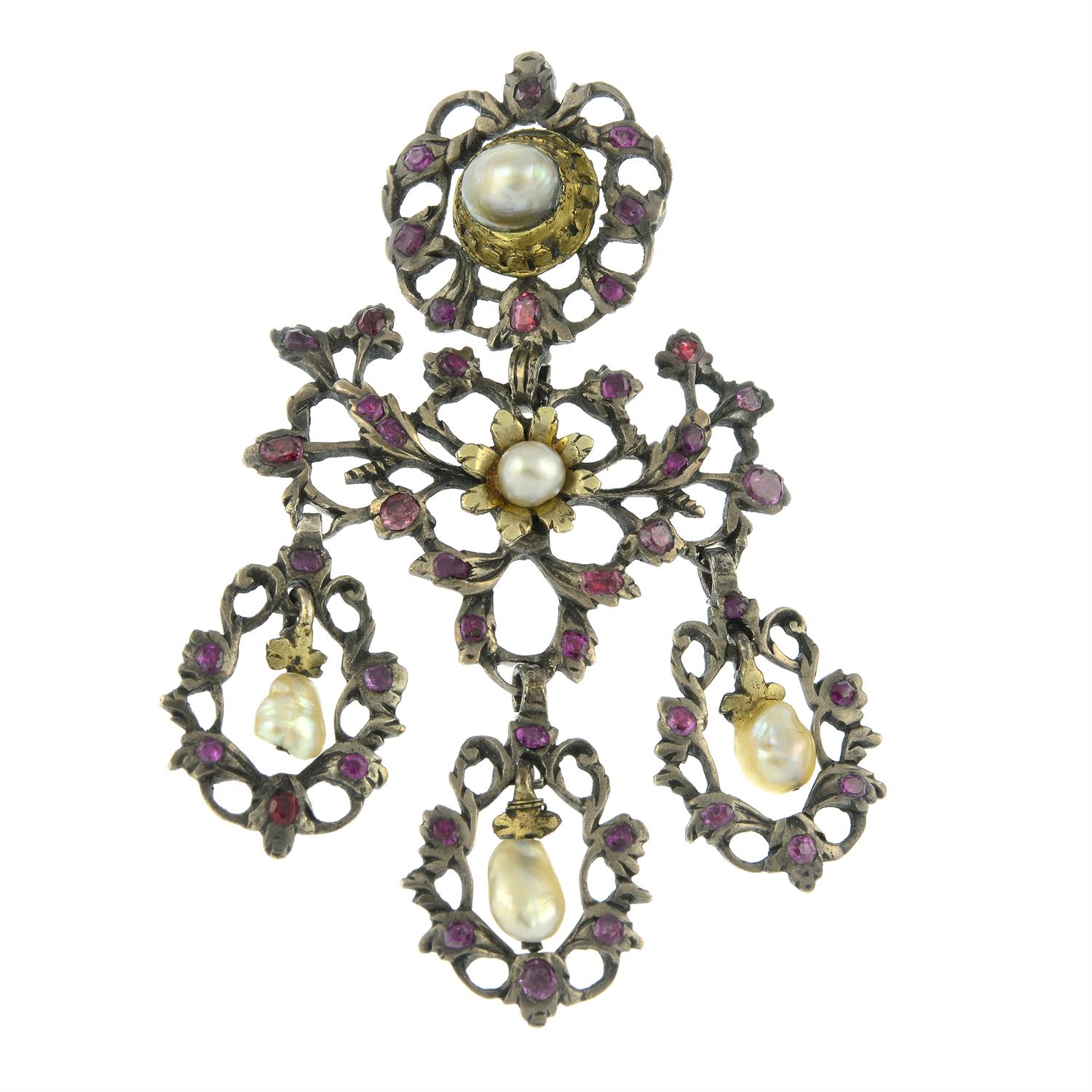 A late 18th century silver and gold pearl, foil back ruby girandole pendant. - Image 2 of 4