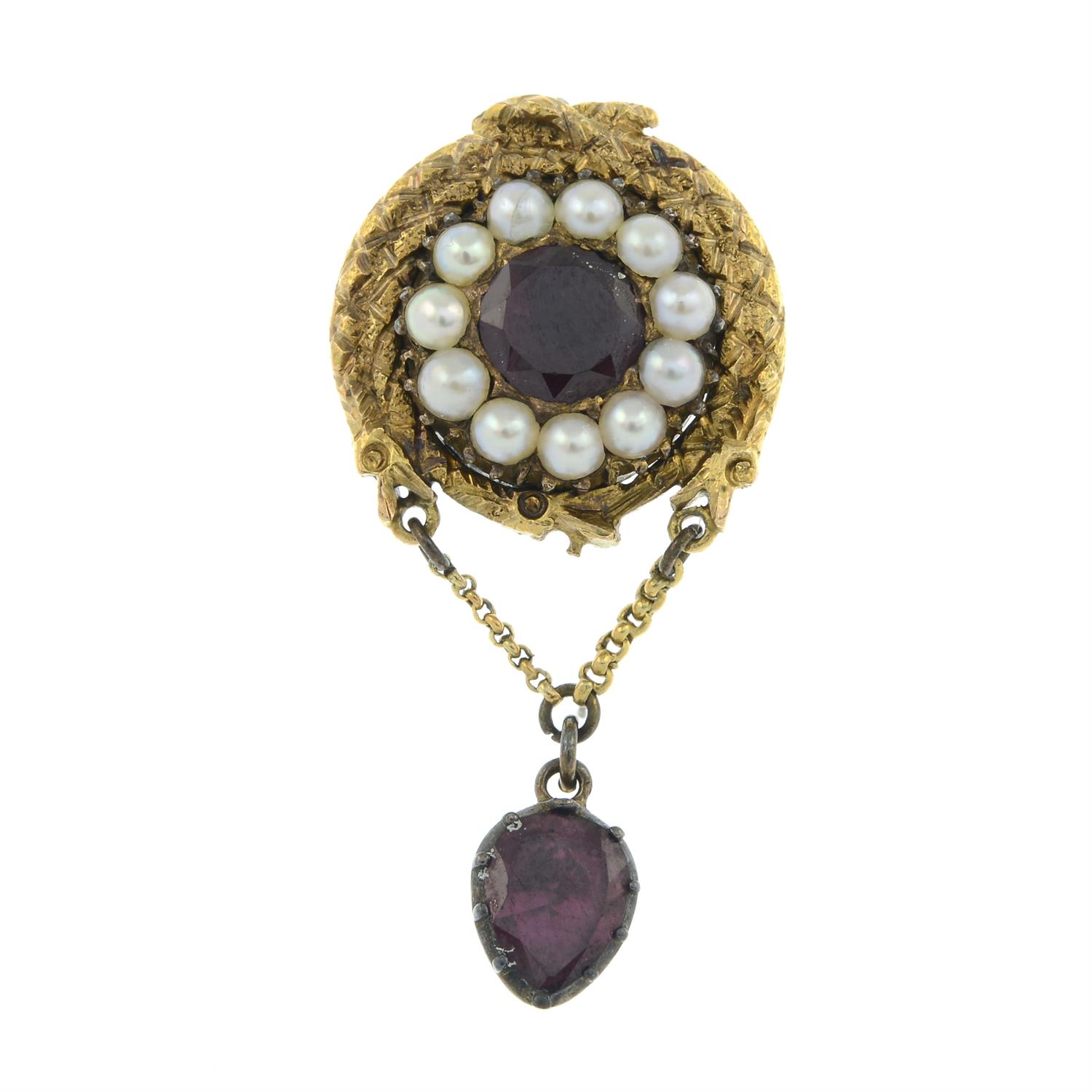 A Georgian, gold foil back garnet and split pearl ouroboros snake pendant. - Bild 2 aus 4