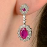 A pair of 18ct gold ruby and diamond cluster earrings, with similarly-designed detachable drop.