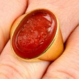 An 18ct gold carved carnelian cameo ring, possibly depicting Benjamin Franklin.