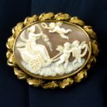 A 19th century 9ct gold mounted, shell cameo, depicting the triumph of Flora, to scrolling foliate