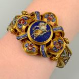 A mid 19th century Archaeological Revival gold micro mosaic bangle, depicting a central figure with