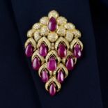 A brilliant-cut diamond and ruby drop brooch.