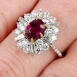 A Burmese ruby, tapered baguette and brilliant-cut diamond floral cluster ring.