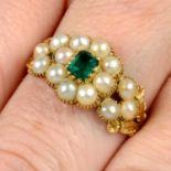 A late Georgian 18ct gold foil back emerald and split pearl cluster ring, with shell and foliate