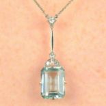 An early 20th century aquamarine and circular-cut diamond foliate pendant, on chain.