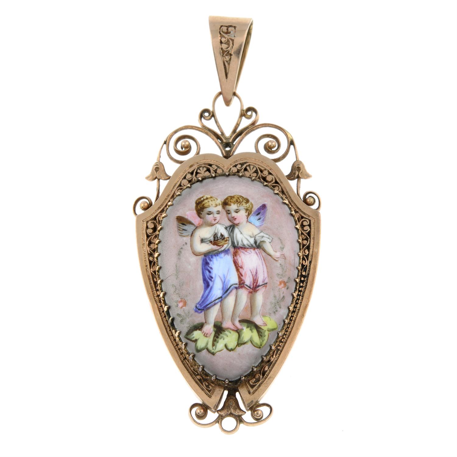 A late Victorian 12ct gold, enamel locket, depicting two winged figures holding a nest, - Bild 2 aus 4