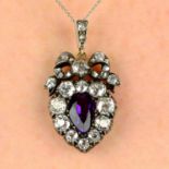 A late Victorian amethyst and old-cut diamond heart and bow pendant, with later chain.