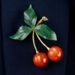 A mid to late 20th century carnelian and nephrite jade cherry brooch.