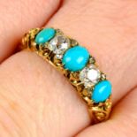 A late Victorian 18ct gold alternating turquoise and old-cut diamond five-stone ring.