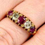 A late Victorian 18ct gold ruby and old-cut diamond five-stone ring.