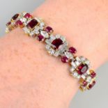 A Burmese ruby, baguette, marquise shaped and brilliant-cut diamond bracelet.