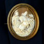 A 19th century 15ct gold mounted shell cameo, depicting Perseus slaying the sea monster,