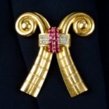 A mid 20th century 18ct gold synthetic ruby and single-cut diamond clip.