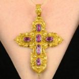 A 19th century gold, foil back pink topaz, cross pendant with repousse foliate decoration.